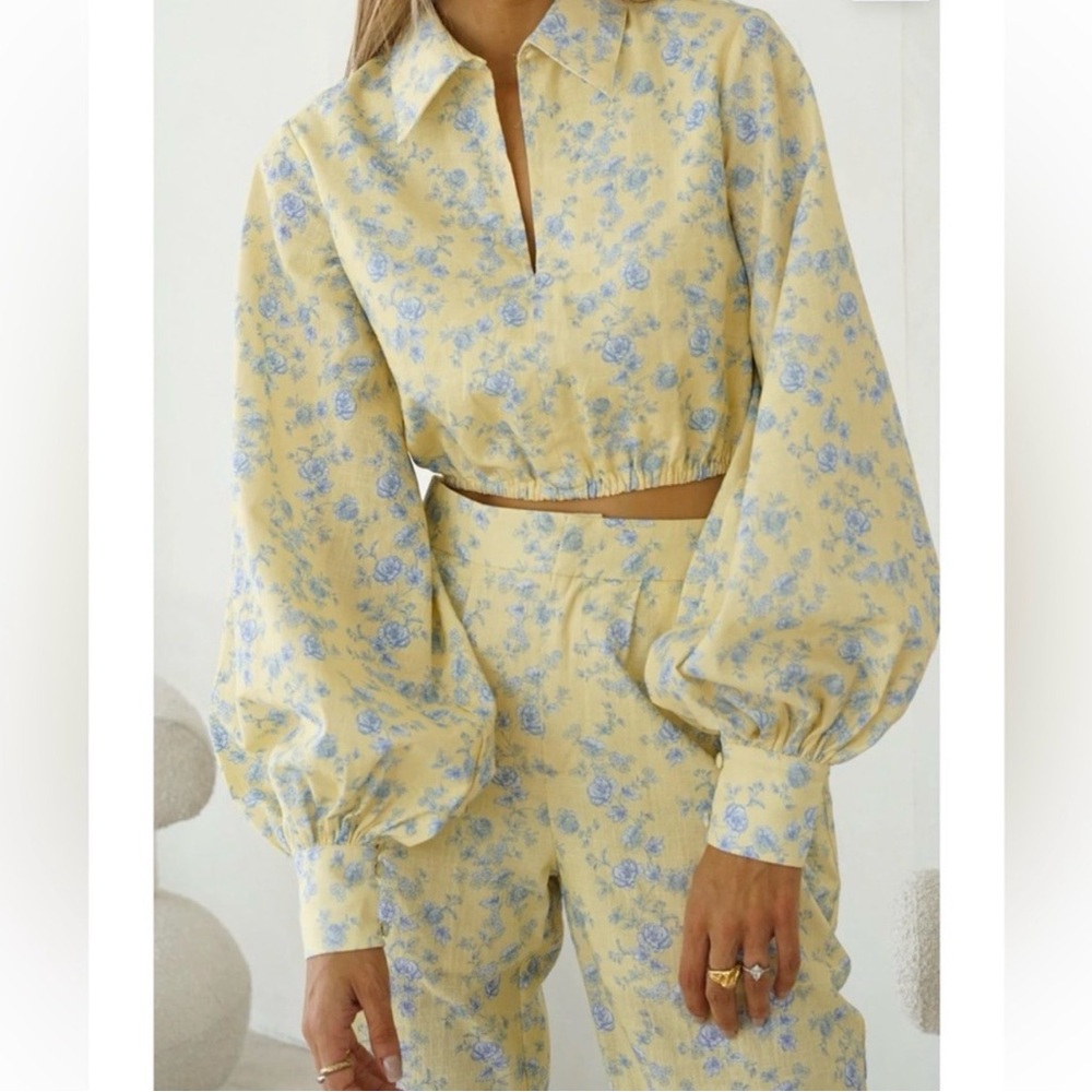 Yellow The Label Lou linen set womens size L/XL pant and top butter yellow toile